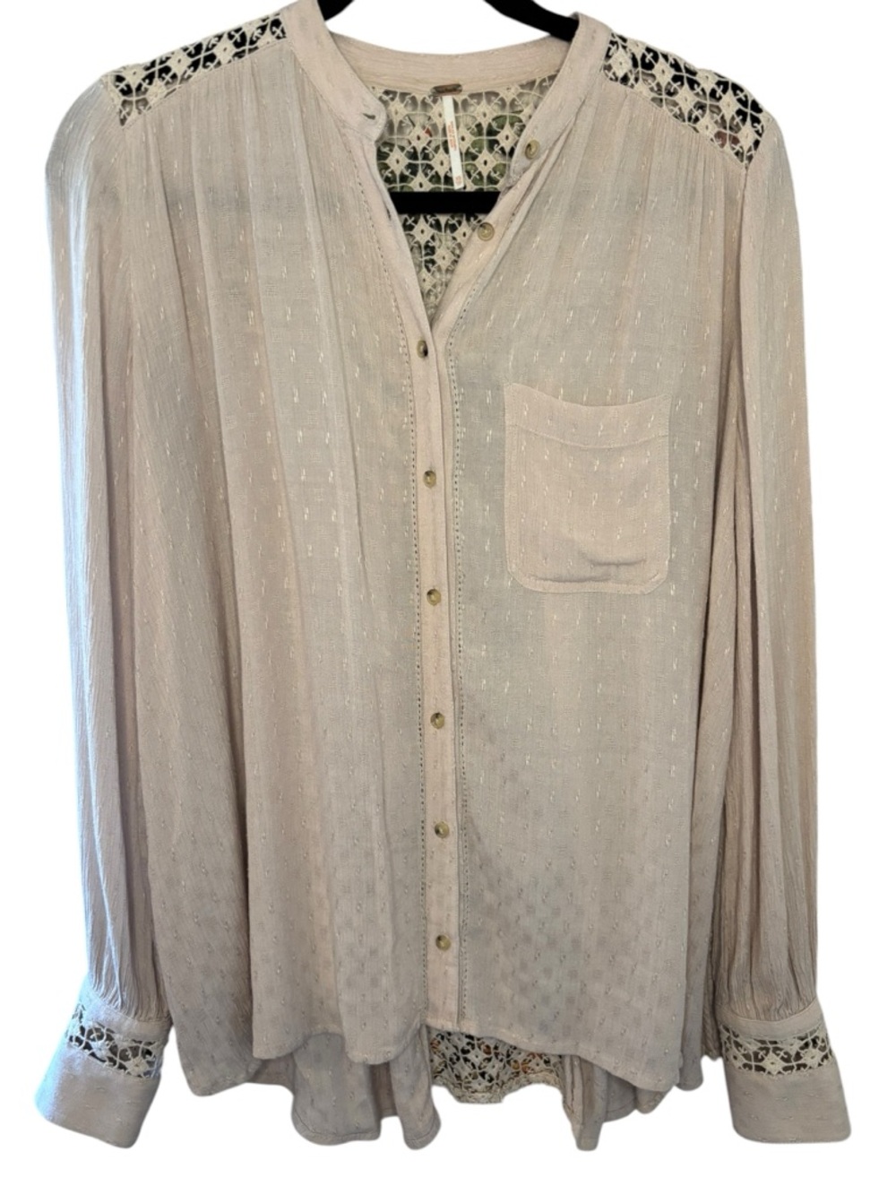 Free People Lace Back Boho Blouse XS Cream Button Front Sheer Long Sleeve - Picture 3 of 9
